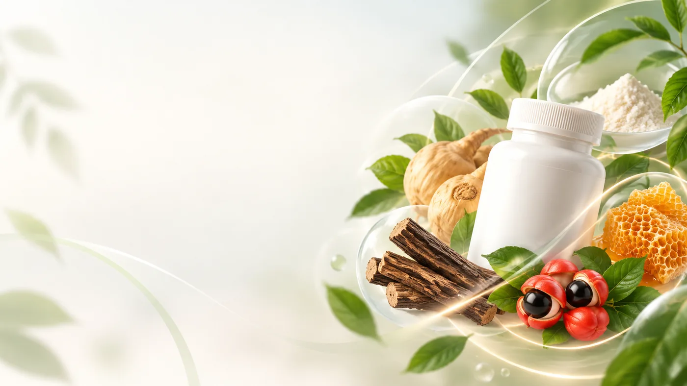 Ingredientes naturales como raíz de maca y miel junto a un frasco de suplemento